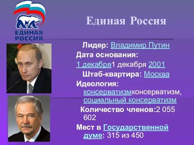 Единая Россия Лидер: Владимир Путин Дата основания: 1 декабря1 декабря