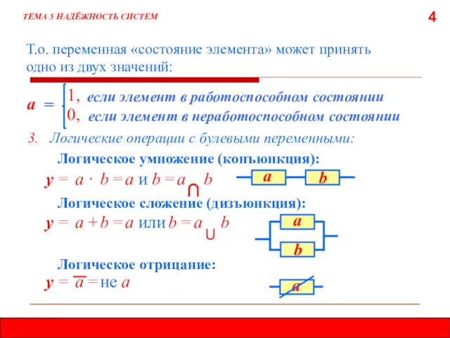 4 ТЕМА 5 НАДЁЖНОСТЬ СИСТЕМ Т.о. переменная «состояние элемента» может