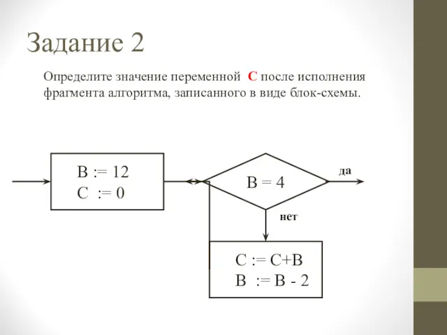 Задание 2 Определите значение переменной С после исполнения фрагмента алгоритма,