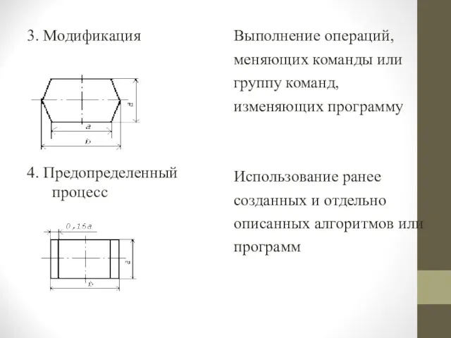 3. Модификация 4. Предопределенный процесс Выполнение операций, меняющих команды или