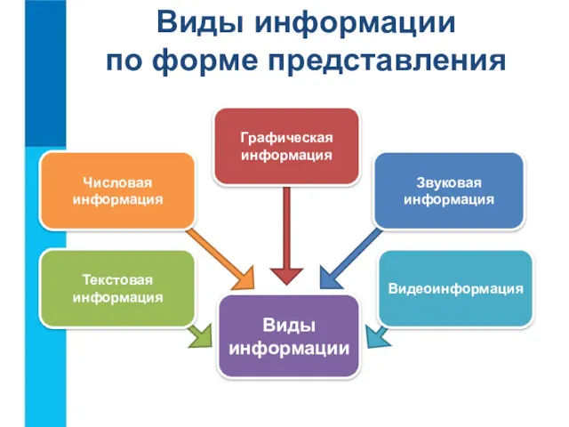 Виды информации по форме представления Виды информации Числовая информация Текстовая информация Графическая информация Видеоинформация Звуковая информация