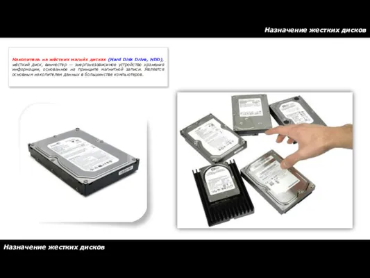 Назначение жестких дисков Назначение жестких дисков Накопитель на жёстких магни́х дисках (Hard Disk
