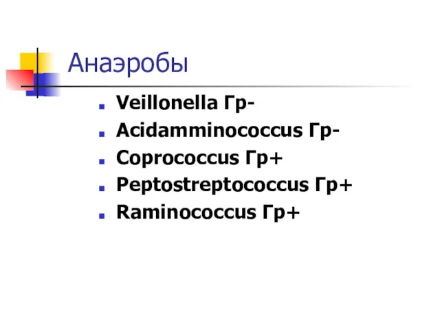 Анаэробы Veillonella Гр- Acidamminococcus Гр- Coprococcus Гр+ Peptostreptococcus Гр+ Raminococcus Гр+