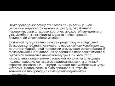 Звукопроведение осуществляется при участии ушной раковины, наружного слухового прохода, барабанной