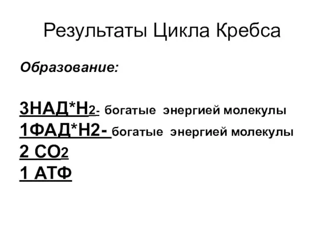 Результаты Цикла Кребса Образование: 3НАД*Н2- богатые энергией молекулы 1ФАД*Н2- богатые энергией молекулы 2 СО2 1 АТФ