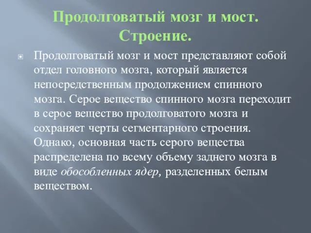 Продолговатый мозг и мост. Строение. Продолговатый мозг и мост представляют