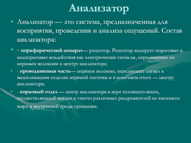 Анализатор Анализатор — это система, предназначенная для восприятия, проведения и