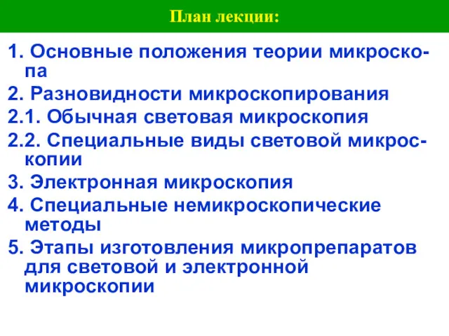 План лекции: 1. Основные положения теории микроско-па 2. Разновидности микроскопирования