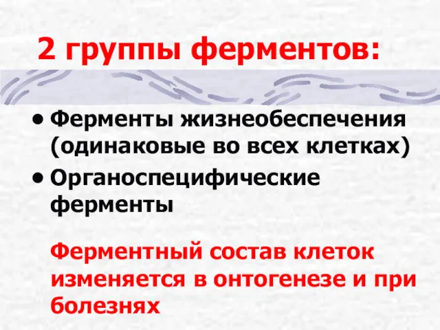 2 группы ферментов: Ферменты жизнеобеспечения (одинаковые во всех клетках) Органоспецифические