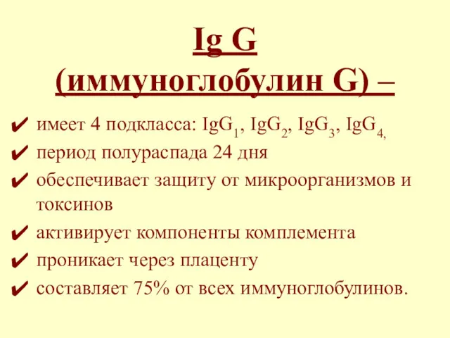 Ig G (иммуноглобулин G) – имеет 4 подкласса: IgG1, IgG2,