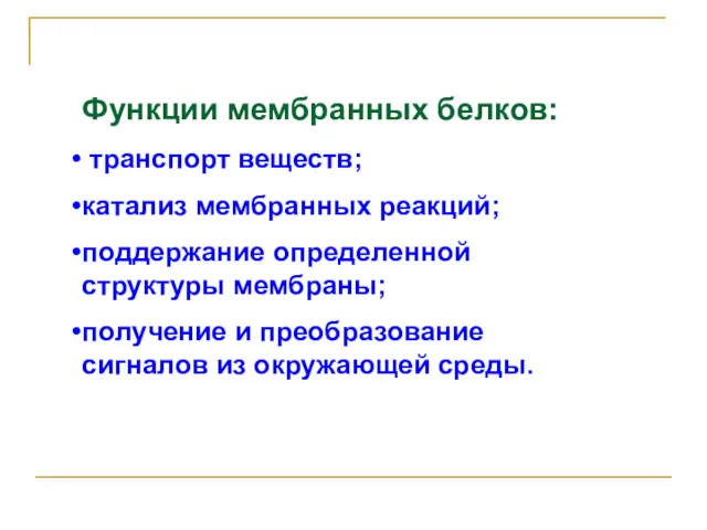 Функции мембранных белков: транспорт веществ; катализ мембранных реакций; поддержание определенной