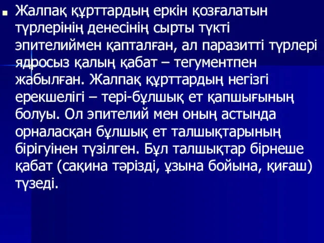 Жалпақ құрттардың еркін қозғалатын түрлерінің денесінің сырты түкті эпителиймен қапталған,