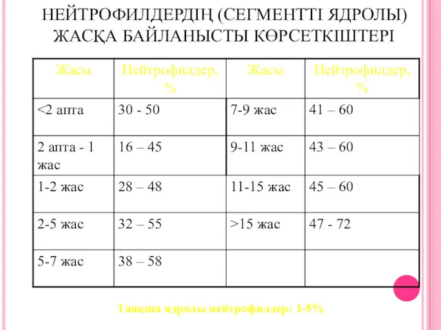 НЕЙТРОФИЛДЕРДІҢ (СЕГМЕНТТІ ЯДРОЛЫ) ЖАСҚА БАЙЛАНЫСТЫ КӨРСЕТКІШТЕРІ Таяқша ядролы нейтрофилдер: 1-5%