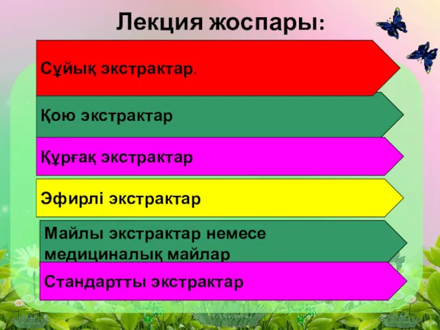 Лекция жоспары: Қою экстрактар Сұйық экстрактар. Эфирлi экстрактар Құрғақ экстрактар