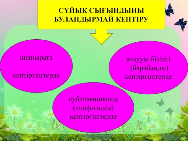 СҰЙЫҚ СЫҒЫНДЫНЫ БУЛАНДЫРМАЙ КЕПТІРУ шашырата кептіргіштерде сублимациялық (лиофильдік) кептіргіштерде вакуум-білікті (барабанды) кептіргіштерде