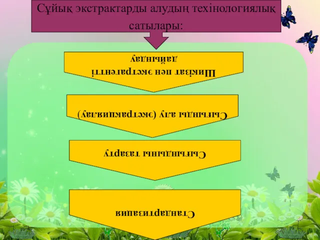 Сұйық экстрактарды алудың техiнологиялық сатылары: Шикiзат пен экстрагенттi дайындау Сығынды алу (экстракциялау) Стандартизация Сығындыны тазарту