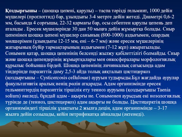 Қоздырғышы – (шошқа цепені, қарулы) – таспа тәрізді гельминт, 1000