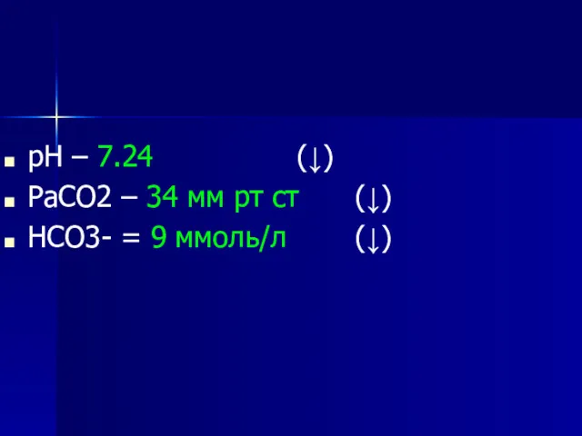 рН – 7.24 (↓) РаСО2 – 34 мм рт ст (↓) НСО3- = 9 ммоль/л (↓)