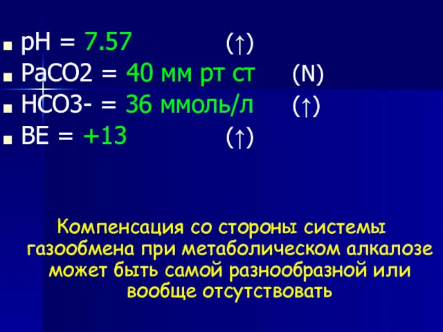 рН = 7.57 (↑) РаСО2 = 40 мм рт ст