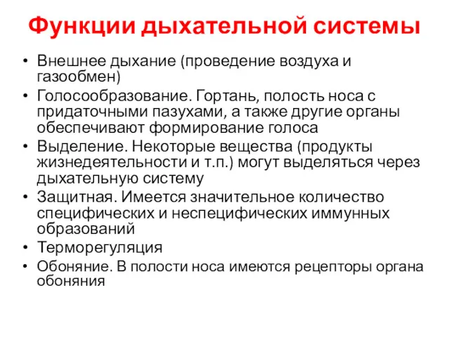 Функции дыхательной системы Внешнее дыхание (проведение воздуха и газообмен) Голосообразование.