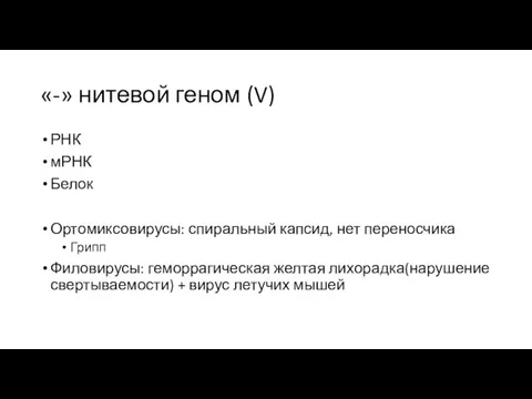 «-» нитевой геном (V) РНК мРНК Белок Ортомиксовирусы: спиральный капсид,