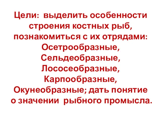 Цели: выделить особенности строения костных рыб, познакомиться с их отрядами: