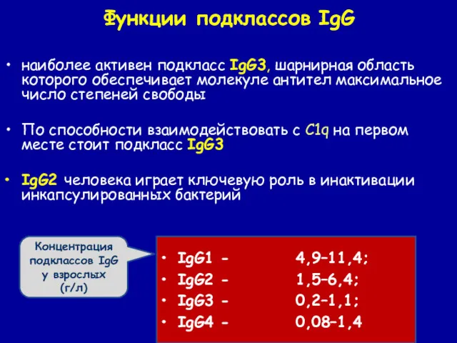 IgG1 - 4,9–11,4; IgG2 - 1,5–6,4; IgG3 - 0,2–1,1; IgG4