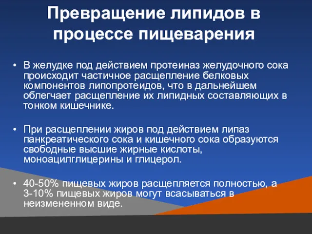 Превращение липидов в процессе пищеварения В желудке под действием протеиназ