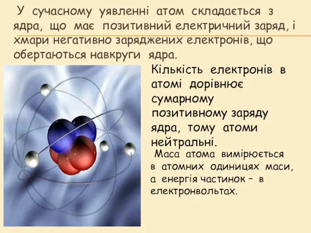 У сучасному уявленні атом складається з ядра, що має позитивний електричний заряд, і