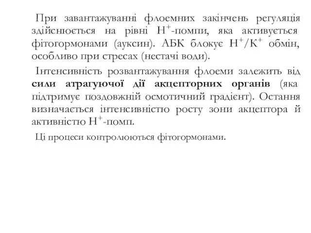 При завантажуванні флоемних закінчень регуляція здійснюється на рівні Н+-помпи, яка