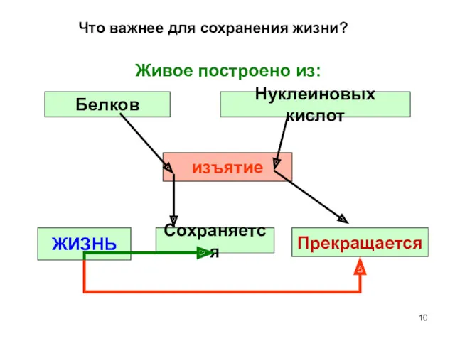 Живое построено из: Белков Нуклеиновых кислот изъятие ЖИЗНЬ Сохраняется Прекращается Что важнее для сохранения жизни?