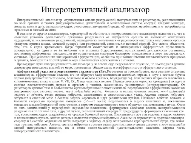 Интероцептивный анализатор Интероцептивный анализатор осуществляет анализ раздражений, поступающих от рецепторов,