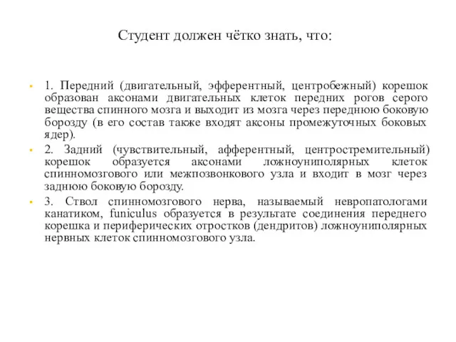 Студент должен чётко знать, что: 1. Передний (двигательный, эфферентный, центробежный)