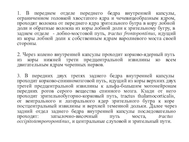 1. В переднем отделе переднего бедра внутренней капсулы, ограниченном головкой