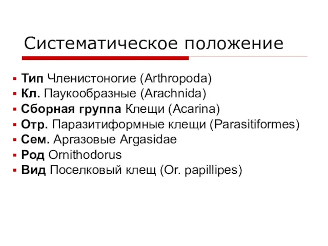 Систематическое положение Тип Членистоногие (Arthropoda) Кл. Паукообразные (Arachnida) Сборная группа