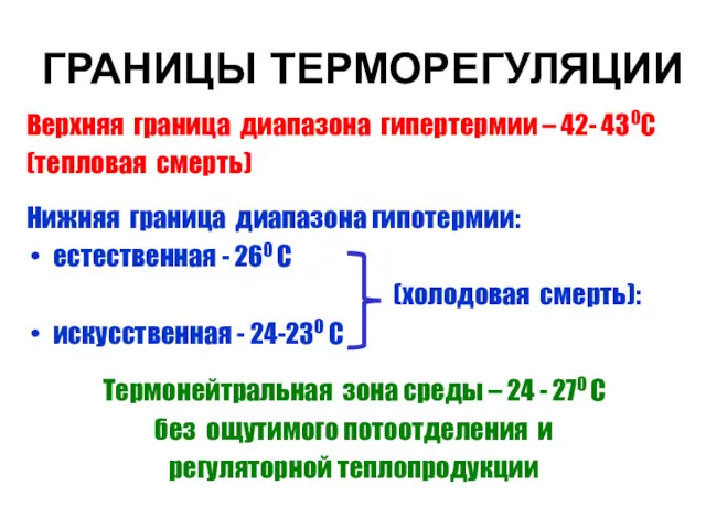 ГРАНИЦЫ ТЕРМОРЕГУЛЯЦИИ Верхняя граница диапазона гипертермии – 42- 430С (тепловая