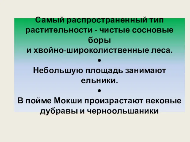 Самый распространенный тип растительности - чистые сосновые боры и хвойно-широколиственные