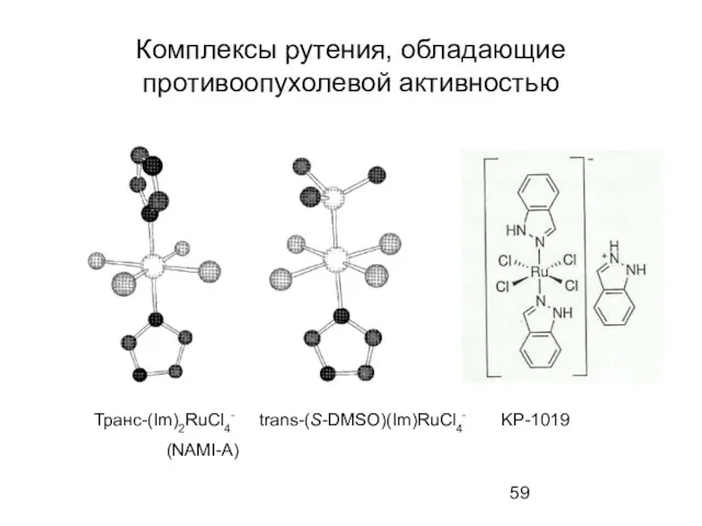 Комплексы рутения, обладающие противоопухолевой активностью Транс-(Im)2RuCl4- trans-(S-DMSO)(Im)RuCl4- (NAMI-A) KP-1019