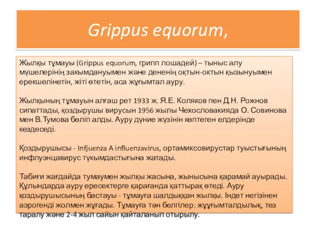 Grippus equorum, Жылқы тұмауы (Grippus equorum, грипп лошадей) – тыныс алу мүшелерінің закымдануымен