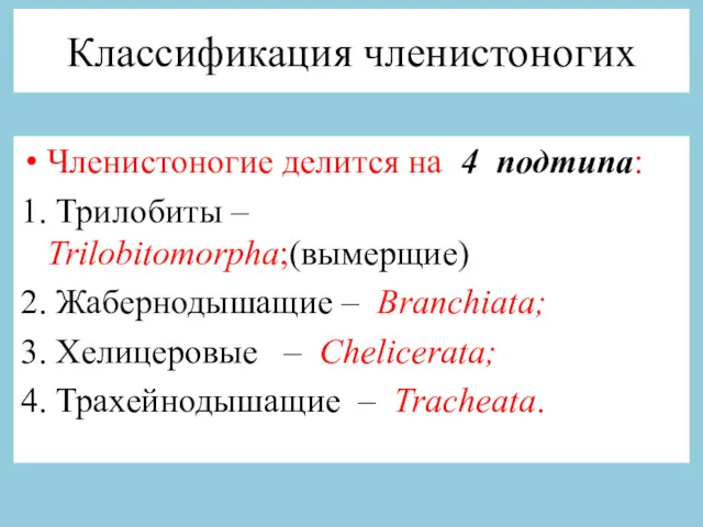 Классификация членистоногих Членистоногие делится на 4 подтипа: 1. Трилобиты –