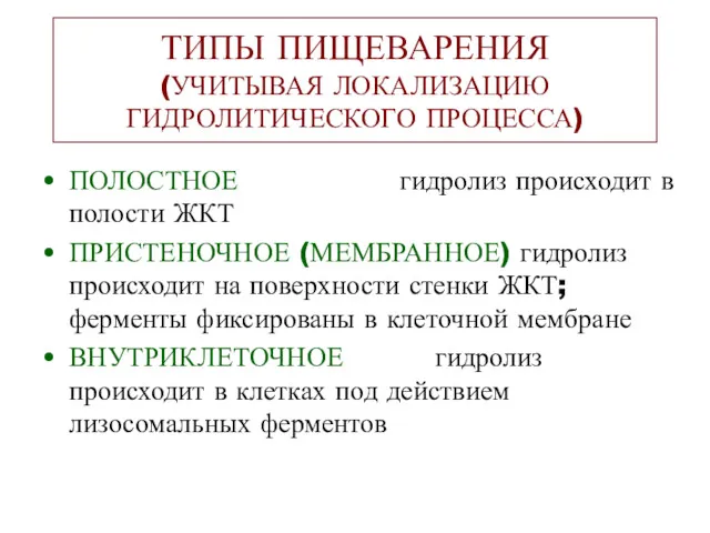 ТИПЫ ПИЩЕВАРЕНИЯ (УЧИТЫВАЯ ЛОКАЛИЗАЦИЮ ГИДРОЛИТИЧЕСКОГО ПРОЦЕССА) ПОЛОСТНОЕ гидролиз происходит в