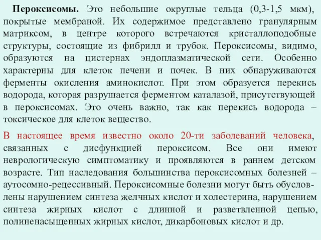 Пероксисомы. Это небольшие округлые тельца (0,3-1,5 мкм), покрытые мембраной. Их