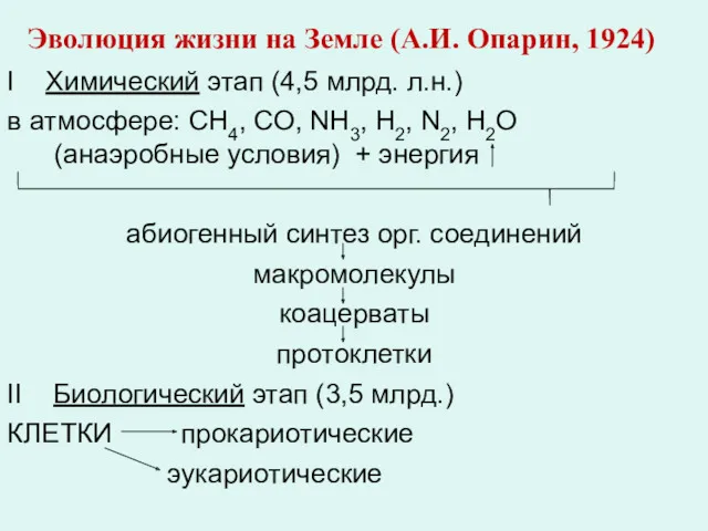 Эволюция жизни на Земле (А.И. Опарин, 1924) I Химический этап
