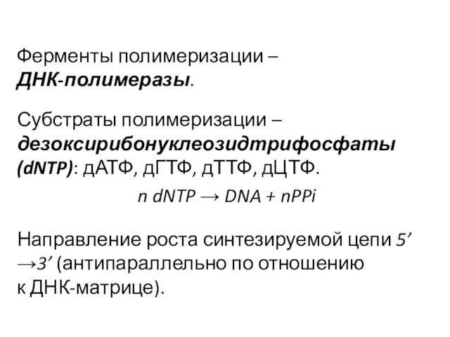 Ферменты полимеризации – ДНК-полимеразы. Субстраты полимеризации – дезоксирибонуклеозидтрифосфаты (dNTP): дАТФ,