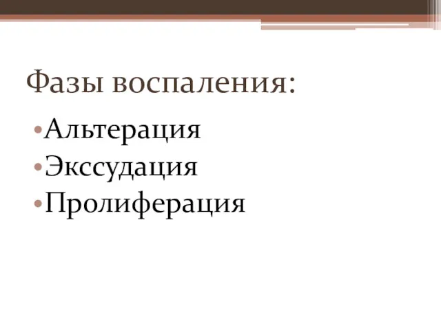 Фазы воспаления: Альтерация Экссудация Пролиферация