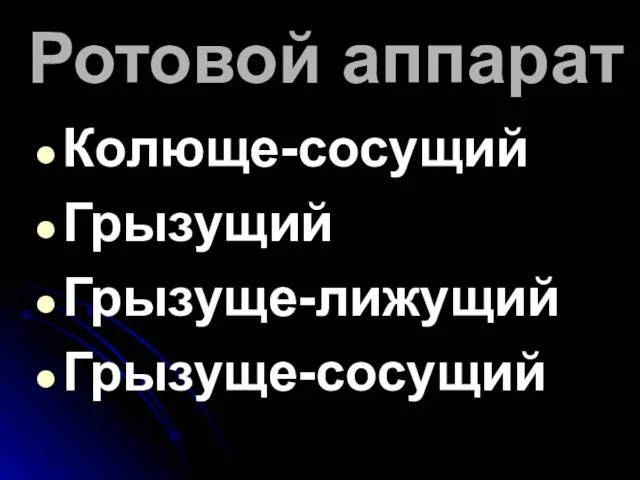 Ротовой аппарат Колюще-сосущий Грызущий Грызуще-лижущий Грызуще-сосущий