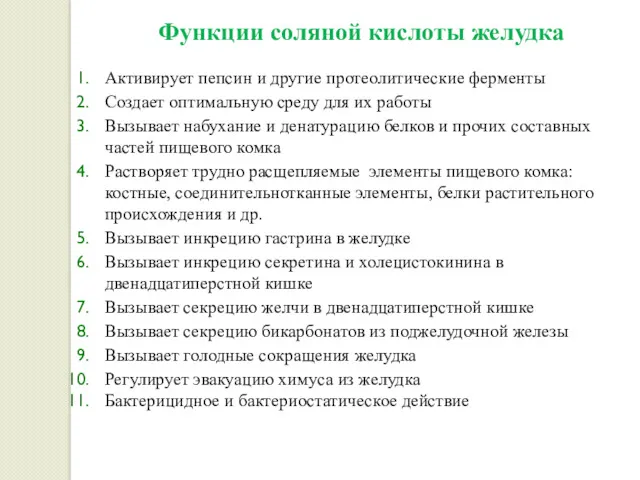 Функции соляной кислоты желудка Активирует пепсин и другие протеолитические ферменты