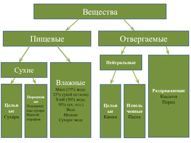 Вещества Пищевые Отвергаемые Сухие Влажные Мясо (75% вода; 25% сухой