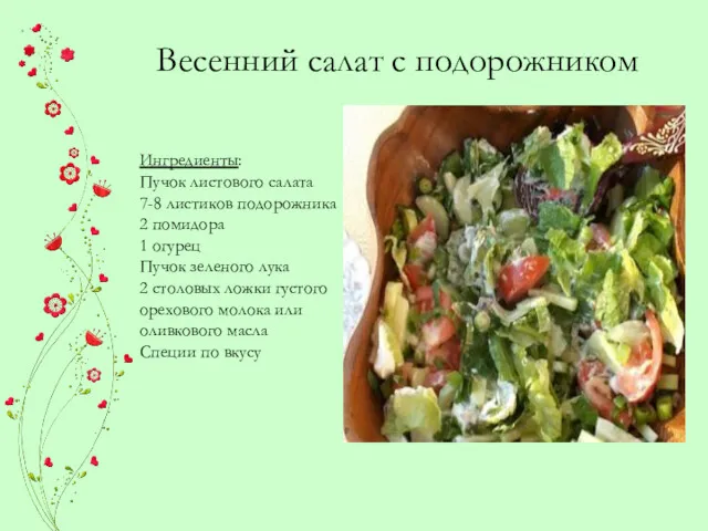 Весенний салат с подорожником Ингредиенты: Пучок листового салата 7-8 листиков подорожника 2 помидора