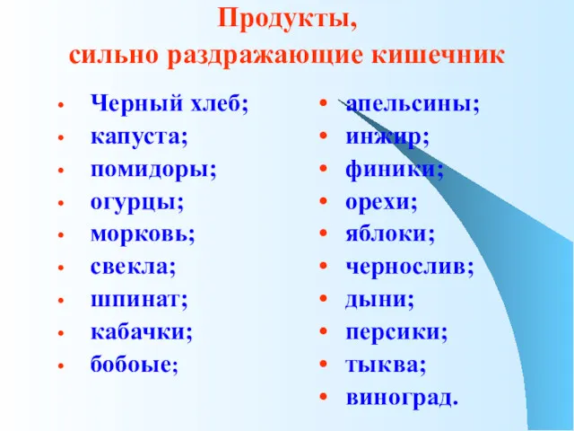 Продукты, сильно раздражающие кишечник Черный хлеб; капуста; помидоры; огурцы; морковь;